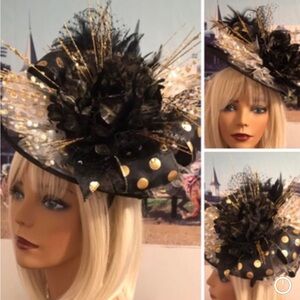 Black and Gold Polka Dot Feathered Fascinator Hat